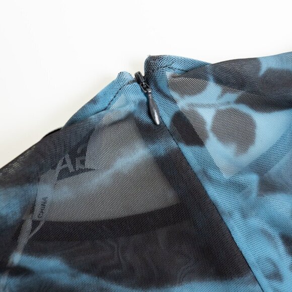 GANNI Blue Printed Mesh O-neck Ruched Long Dress Floral Size 36 - Picture 11 of 14